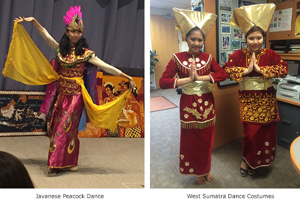Dinny Aletheiani performing Javanese Peacock Dance in costume, and two students in West Sumatra Dance Costumes