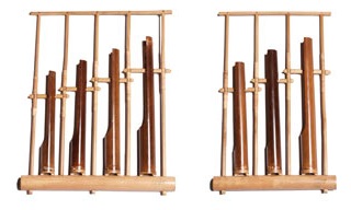 Two angklung instruments, one with 4 tubes and one with three